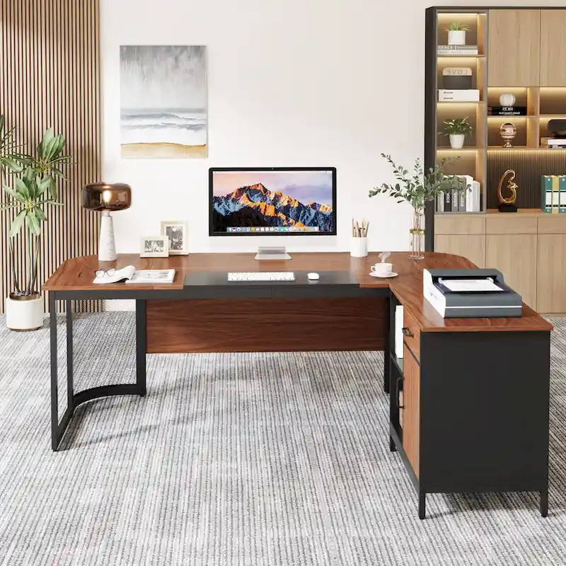 Large 63 L-Shaped Executive Office Desk with 31 File Cabinet