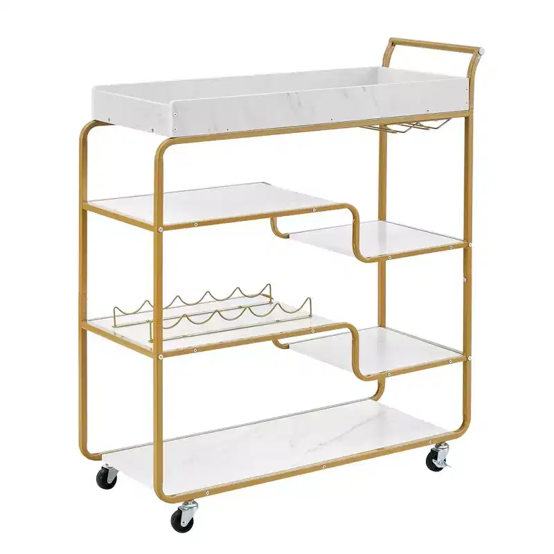 NAYSAYE 6 Tier Bar Cart Retro Style Rolling Serving Cart with Wine Rack and Glass Holder for Kitchen and Dining, Gold, 35.63*13.98*40.35