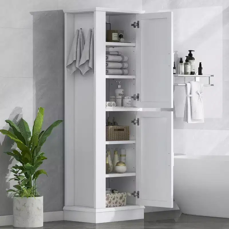 Tall Bathroom Storage Cabinet Freestanding Storage Cabinet with Hook and Adjustable Shelf MDF Board White