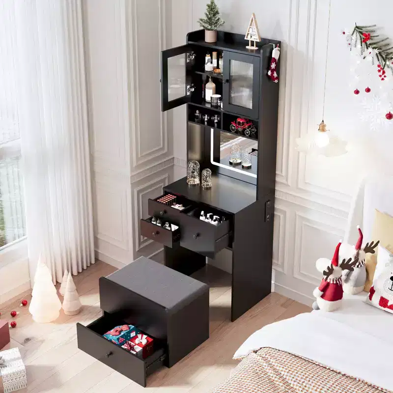 3-in-1 Vanity Desk with Adjustable Mirror, Storage Drawers, Acrylic Doors, Jewelry Compartment & Cushioned Chair