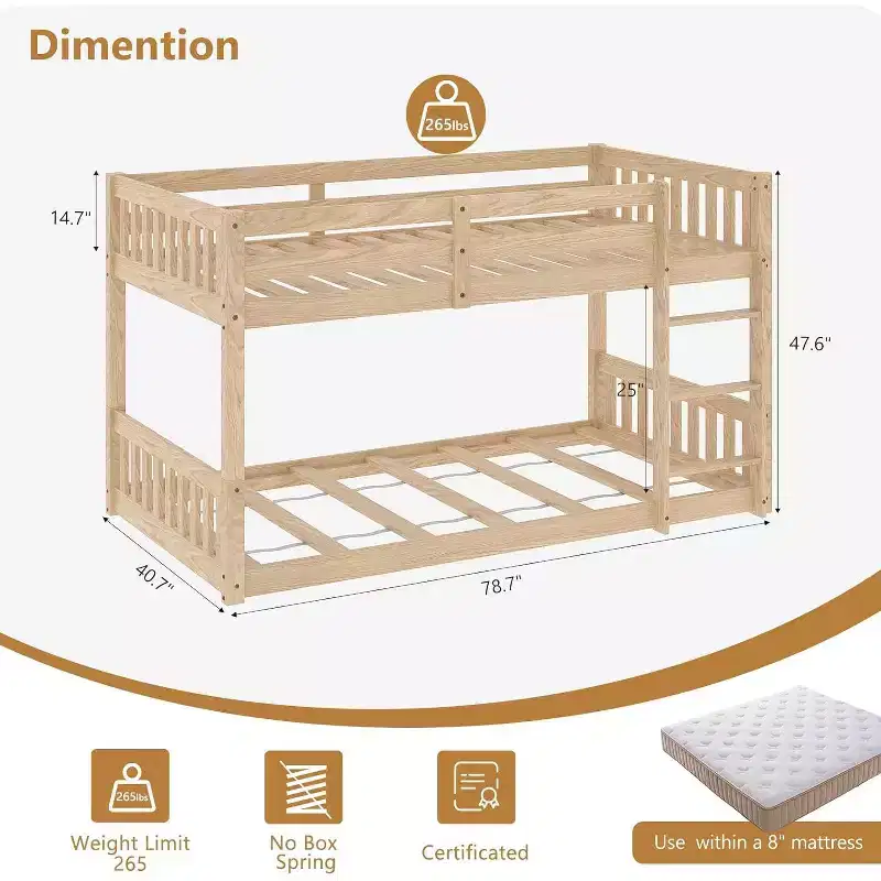 Low Twin Over Twin Bunk Bed for Kids, Wood Bunk Bed Frame with Guardrails & Ladder, Mattress Not Included