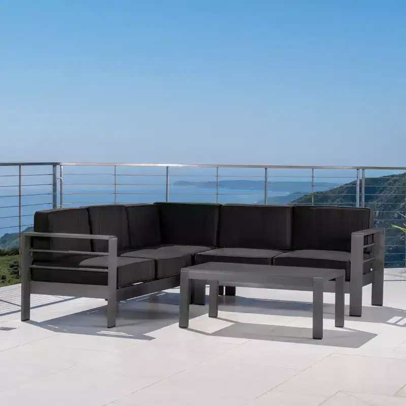 Christopher Knight Home Cape Coral Outdoor V-Shape Aluminum 5 Seater Sectional Sofa Set with Water-Resistant Cushions