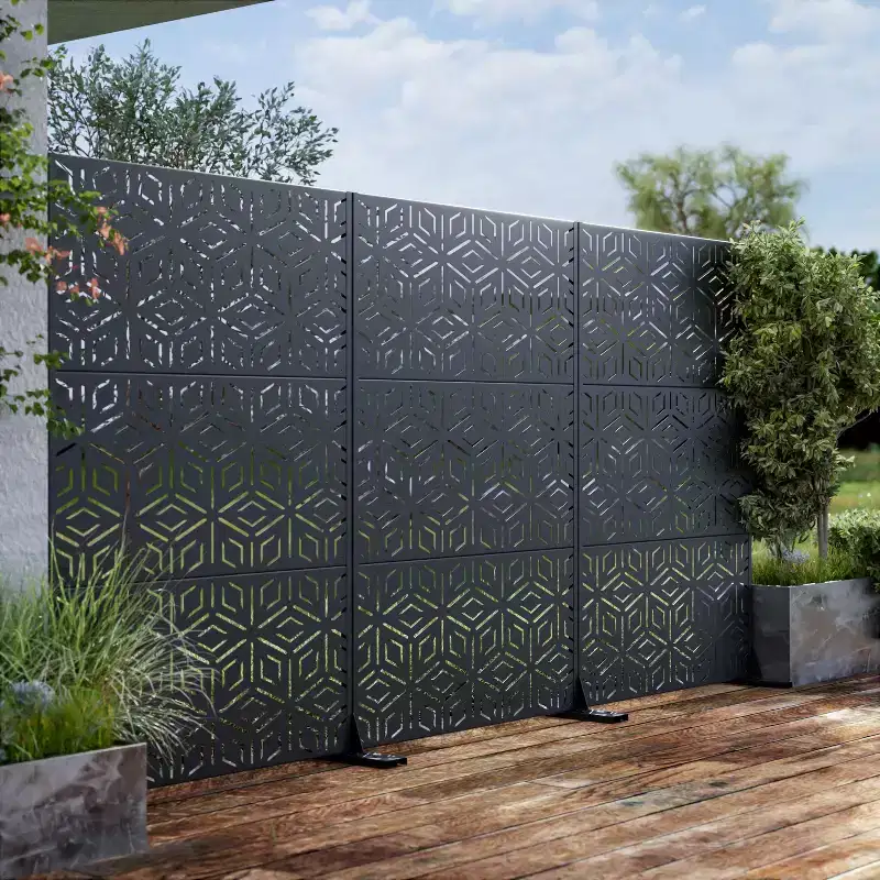 MAYEERTY Room Divider Screen Francis Rice Pattern Black Galvanized Sheet 72x47x2in 3-Piece Set 3-Piece Set