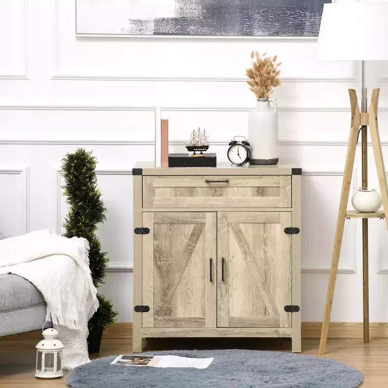 HOMCOM Sideboard Buffet Cabinet with Storage Drawer, Modern Farmhouse Kitchen Cabinet with 2 Barn Doors, Coffee Bar Cabinet, Oak