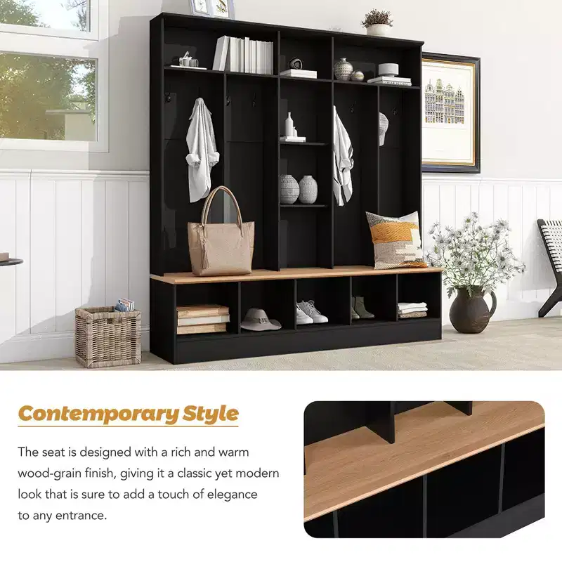 The Misty Moon Black Hall Tree with Storage Bench Shoe Cabinet with Cube Storage and Shelves, Multifunctional Coat Rack with 8 Hooks