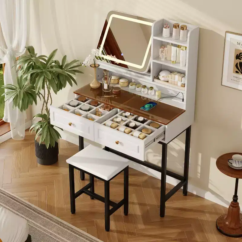 Makeup Vanity Desk Vanity Table Dressing Table with Stool, 3 Color Lighted 360 Rotatable Mirror, Power Outlet, Adjustable Dividers Drawer -ModernLuxe