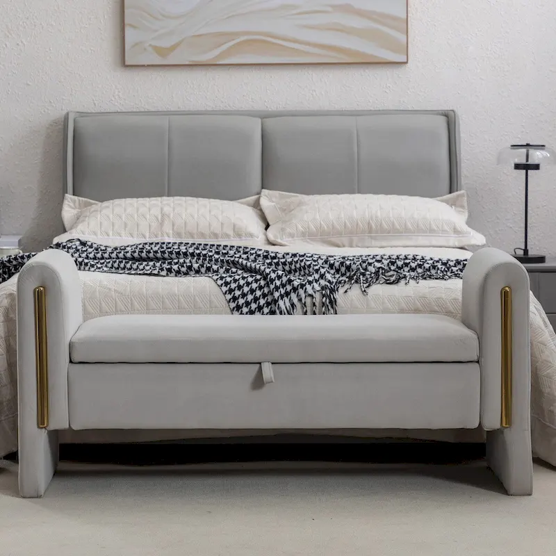 Velvet Fabric Storage Bench Bedroom Bench With Gold Metal Trim Strip For Living Room Bedroom Indoor,Light Gray