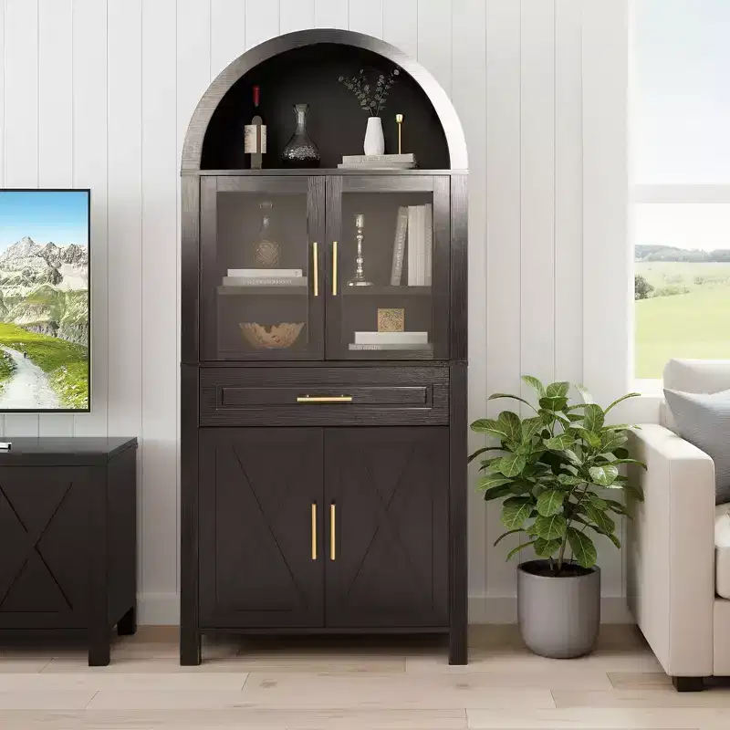 Tall Arched Storage Pantry Cabinet with Glass Doors & Adjustable Shelves,Display Sideboard Accent Cabinet for Dining Room,Kitchen