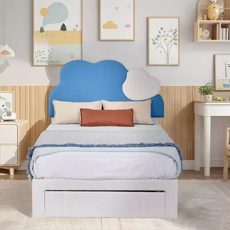 Upholstered Bed Frame for Kids, Twin Size Bed with Storage Drawer, Platform Bed with Cloud-Shaped Headboard, Blue
