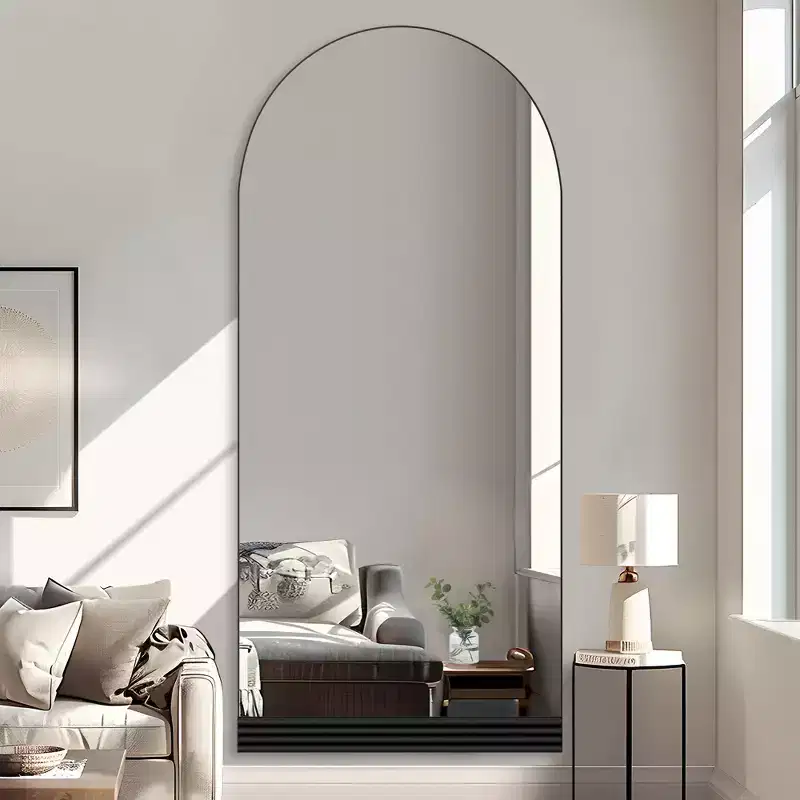PexFix 31 in. W x 71 in. H Full-Length Arched Wood Frame Wall Mirror with Striped Wooden Base in Black
