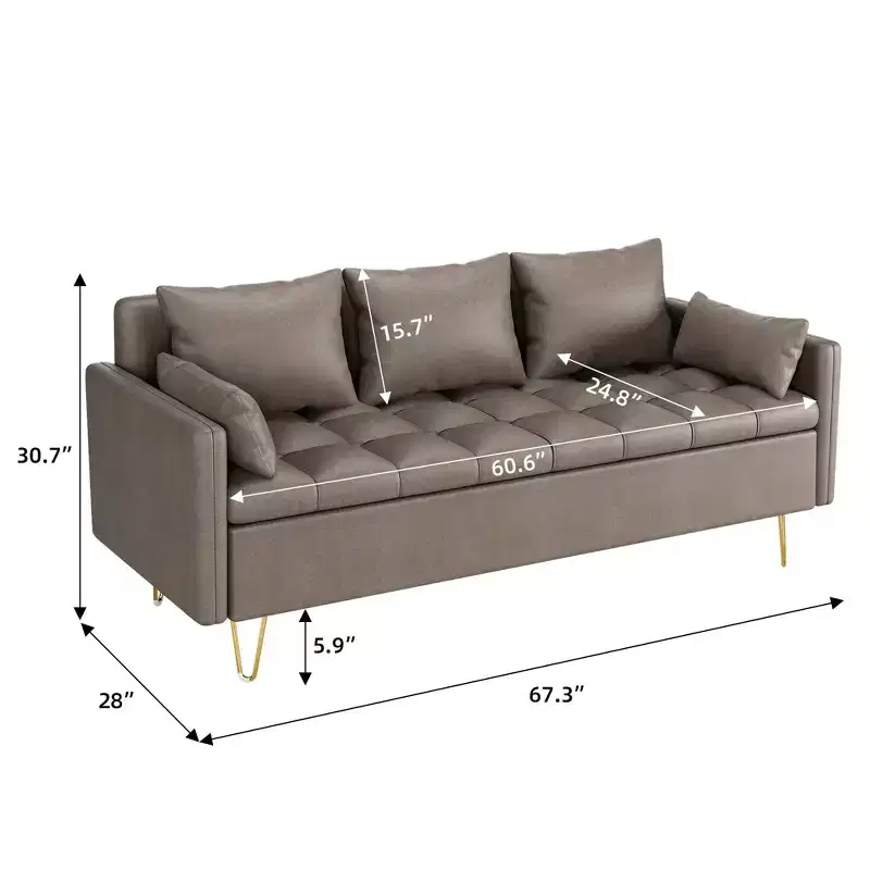67''W 3 Seater Sofa Couch with Storage Under Seat Cushion, Mid-Century Modern Couch with Comfortable Armrest & with 5 Pillows