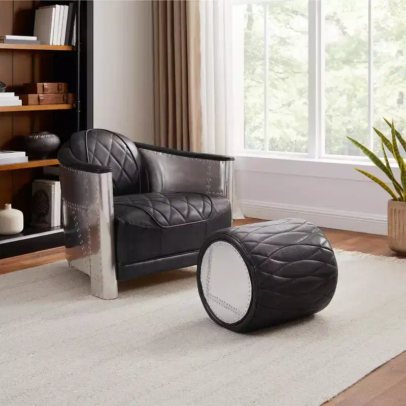 Art Leon Industrial Genuine Leather and Aluminum Ottoman with Multi-Functional