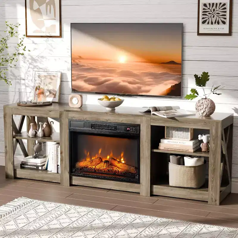 Fireplace TV Stand for up to 80 inch TVs, Farmhouse Entertainment Center with Electric Fireplace Heater & Adjustable Shelves