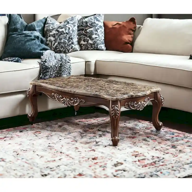 57-Inch Coffee Table with Faux Marble Top – Brown and Oak Finish