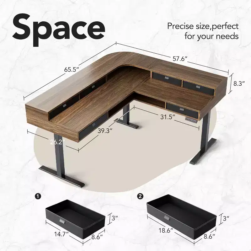 65.5 X 57.6 In Electric L Shaped Standing Desk with 6 Storage Drawers, 2-Tier Corner Sit Stand Desk, Height Adjustable Computer Gaming Table, Walnut