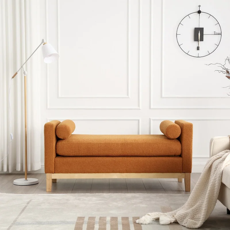 53.5W Elegant Boucle Upholstered Bench, Ottoman with Wood Legs & Bolster Pillows