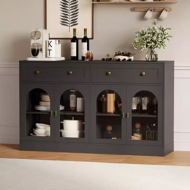 4 Acrylic Doors and 2 Drawers, Wide Sideboard Buffet CabinetWood Kitchen Storage Cabinet for Dining Room, Living Room
