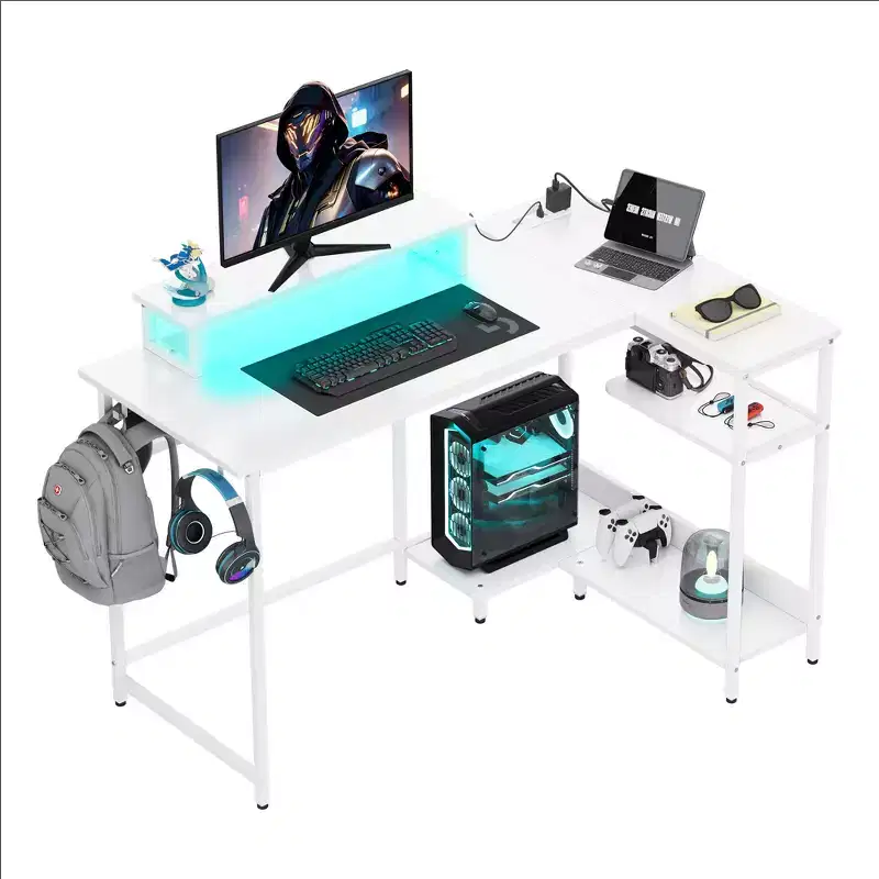 GALAXHERO 47 Inch Small L Shaped Gaming Desk, Corner Computer Desk with Power Outlets, LED Lights & Monitor Stand, Office Desk for Bedroom