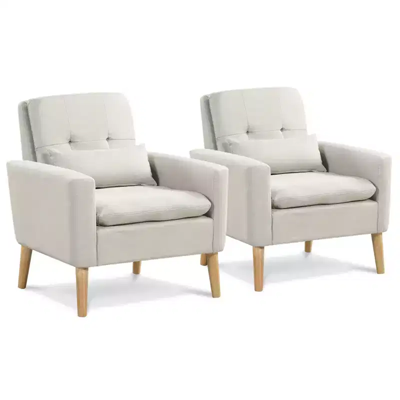 Costway 2PCS Mid-century Accent Chair Linen Fabric Reading Armchair with Lumbar Pillow