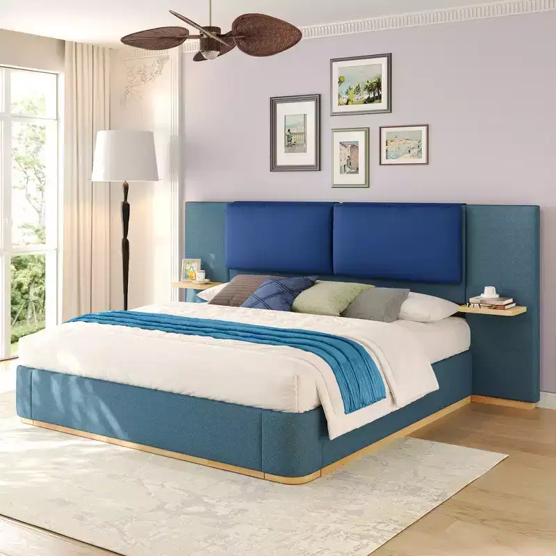Whisen King Size Upholstered Platform Bed Frame with Side Storage Shelves, with Soft PU Headboard and Panel, Anti-Collision, Easy Assembly