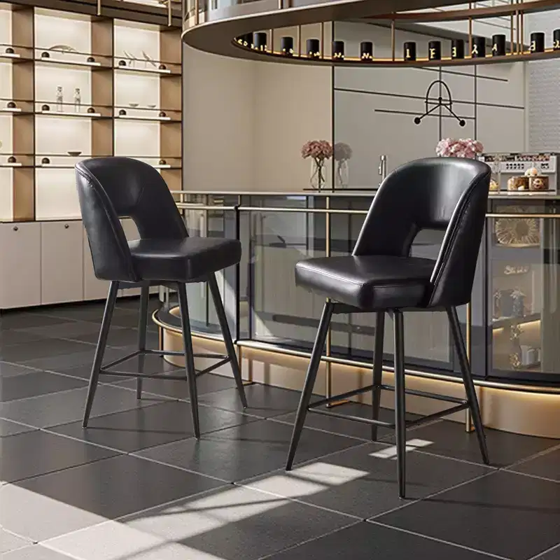 Brown PU Leather Bar Stools With Hollow Backrest, Iron Legs, Swivel