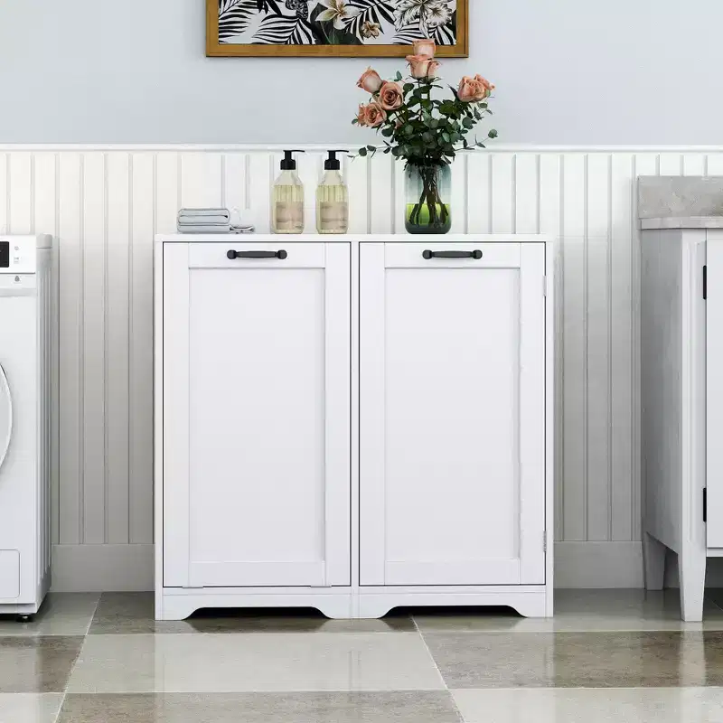 JVNOXK 31.50inch Laundry cabinet with doors and shelves, tilting pull-out laundry basket, adjustable shelves, white