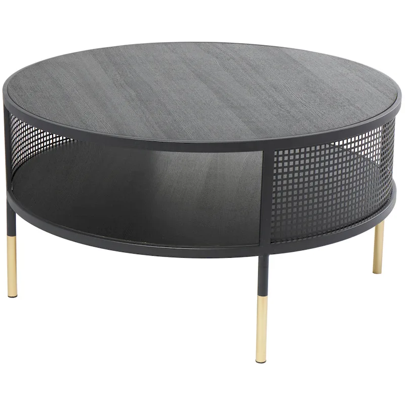 Metal Geometric Open Grid Frame 1-Shelf Accent Table or Coffee Table with Gold Legs, Black