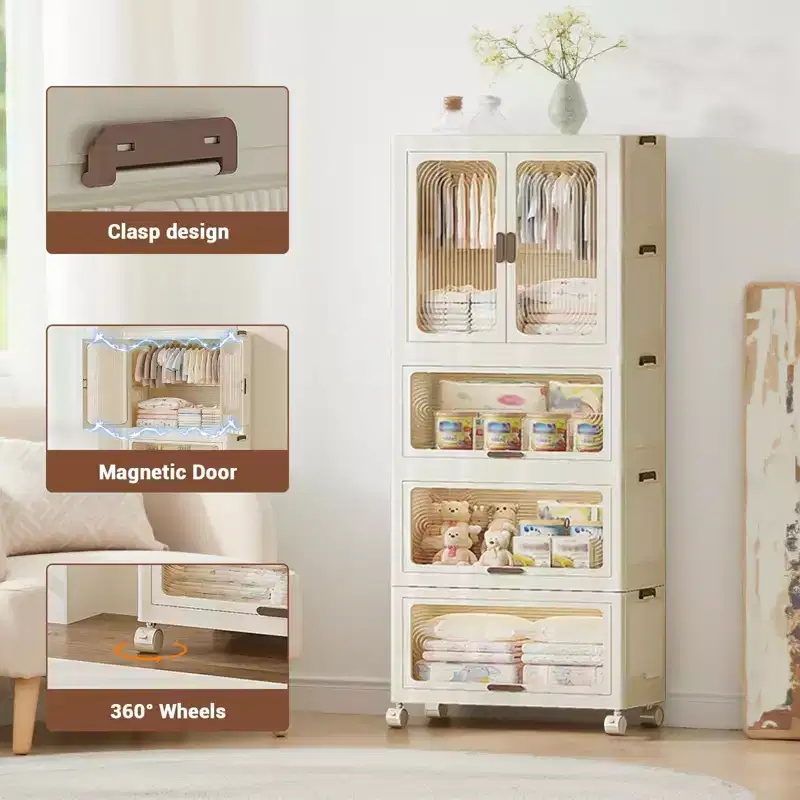 4 Tier Portable Kids Wardrobe Closet with Hanging Rod & Shelves - Foldable Children's Storage Organizer for Clothes, Toys, Books (White)