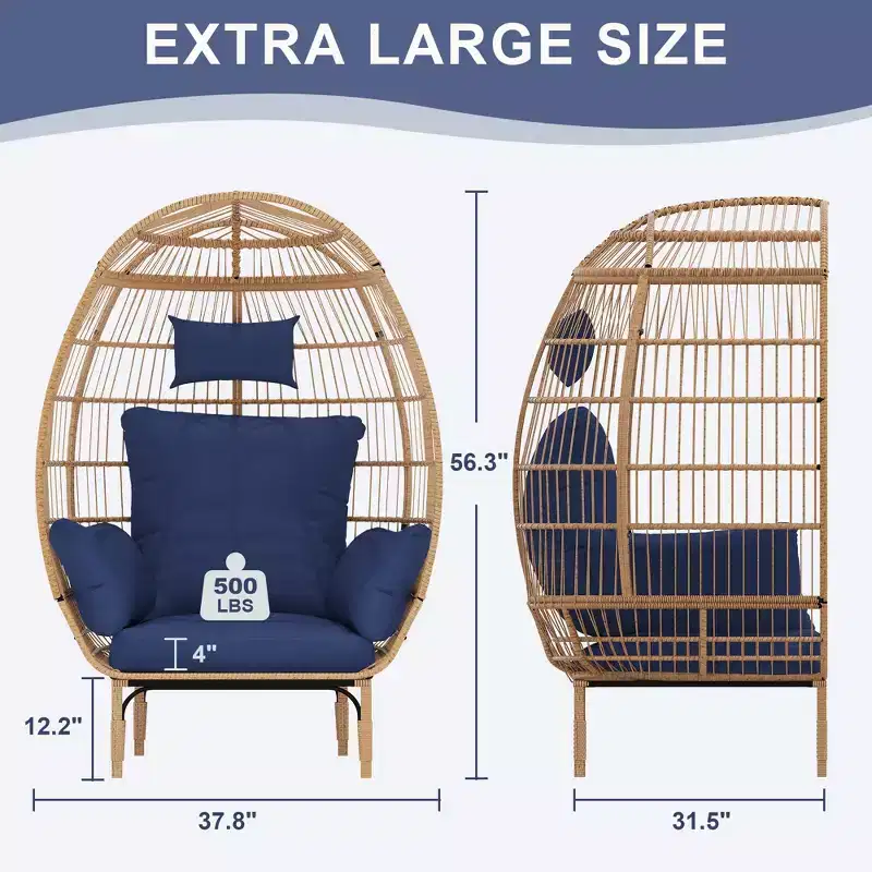 Egg Chair Wicker Outdoor Chairs, Oversized Patio Chair Oversized Lounger Chair with Cushion for Indoor Living Room, Bedroom, Outside Patio Backyard