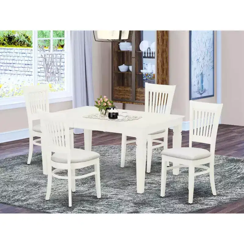 White 5-Piece Rectangle Dining Set, Seats 4, Wood & Faux Leather
