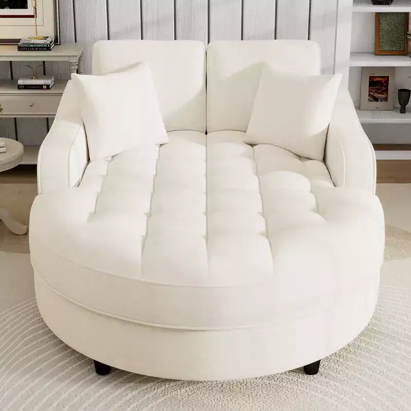 Wooden Chenille Upholstered Chaise Lounge Sofa Bed with Tufted Seat and Detachable Pillows