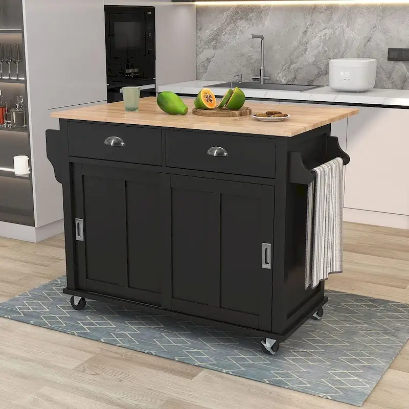 Black / White / Mint Green Drop-Leaf Kitchen Cart with Sliding Barn Door
