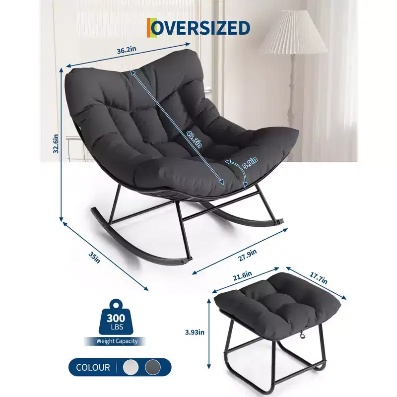 Lounge Chair with Footrest, Indoor/Outdoor Rocking Chair with Ottoman and Metal Frame, Patio Rattan Egg Rocker for Balcony Backyard Porch Bedroom