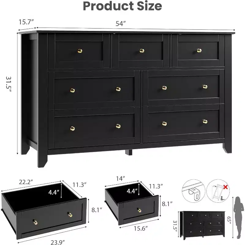 LinTimes 54 Modern 7-Drawer Dresser with Deep Drawers & Metal Knobs, Wooden Storage Chest for Bedroom, Entryway, Hallway