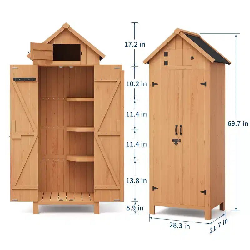 COZONY 70 Waterproof Wooden Storage Shed with 3 Shelves & Lockable Door, Vertical Garden Tool Cabinet for Patio & Yard