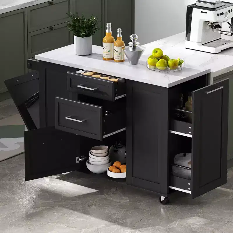Kitchen Island with Drop Leaf & Pull-Out Trash, Rolling Cart with Wheels & Drawers, Storage Cabinet Folding Dining Table