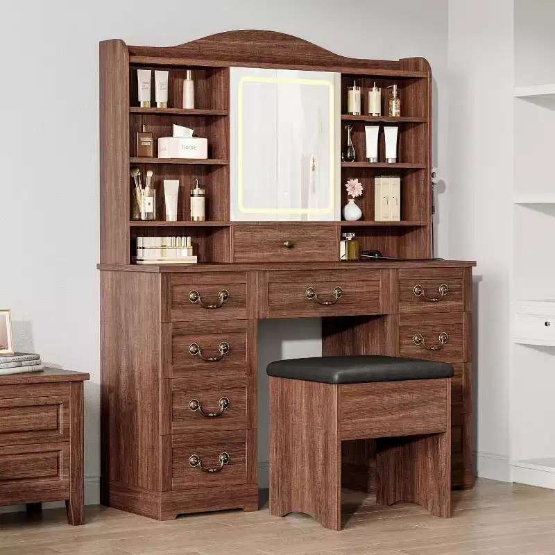 Retro Double-Side Cabinet Vanity Table, MDF Material, Walnut Color, for Bedroom Dressing Area