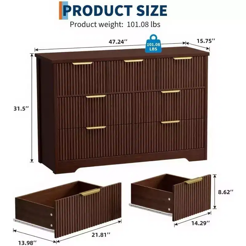 Fluted 7-Drawer Dresser, 47.24 Wide Modern Chest with Metal Handle for Bedroom, Walnut