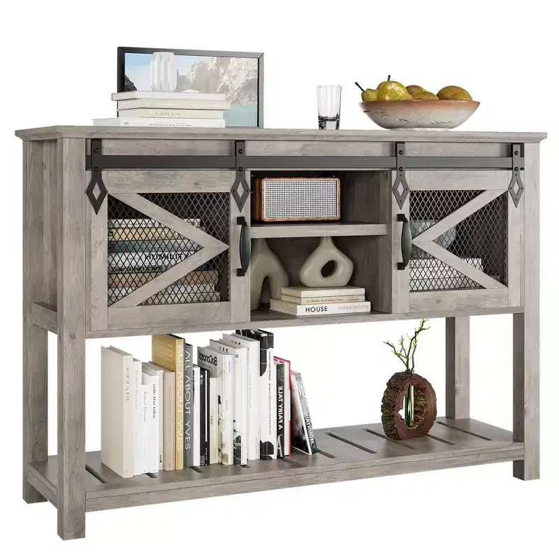Farmhouse Entryway Console Sofa Table 46 Narrow Accent Table with Sliding Barn Doors & Storage Shelves, Ideal for Foyer or Living Room Decor