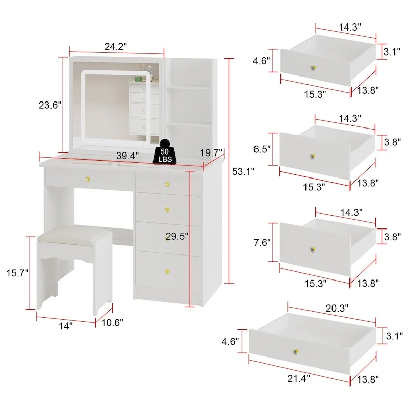Vanity Desk Makeup Table Sliding Lighted Dressing Table Glass Top