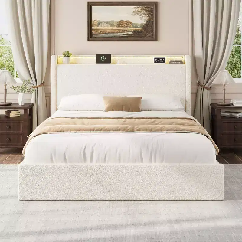Boucle Platform Bed Frame with RGB LED Headboard, Charging Station & 4 Storage Drawers, Cream