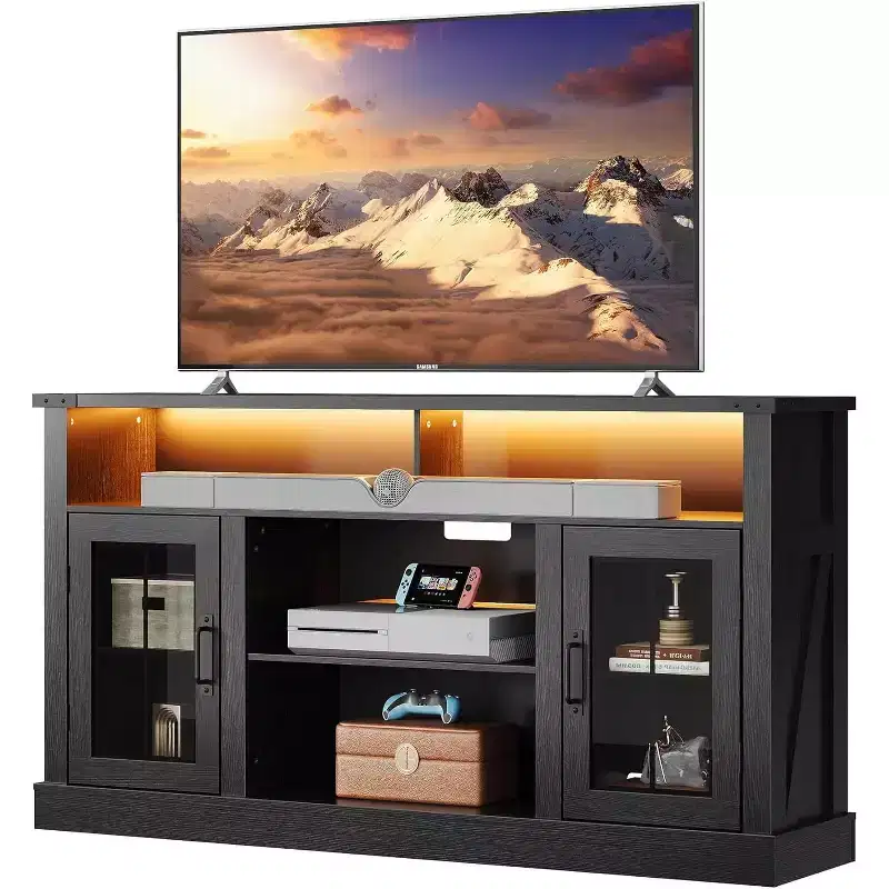 GALAXHERO Farmhouse TV Stand for 65 Inch TV, with LED Lights, Storage Cabinets & Adjustable Shelves for Living Room or Home Theater