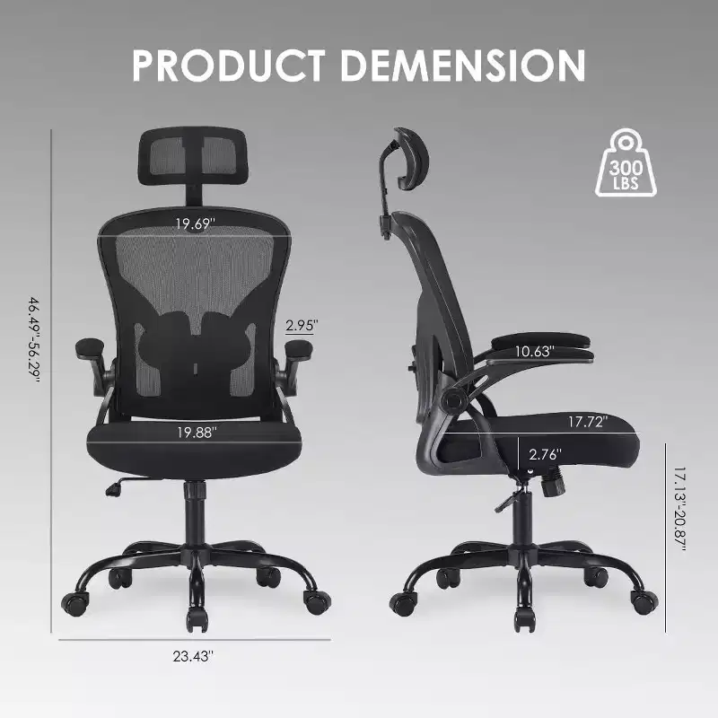 TUYOHW Ergonomic Office Chair,Swivel Computer Desk Chairs with Adjustable Lumbar Support,Flip-Up Arms,Headrest & Mesh Back for Home,Bedroom