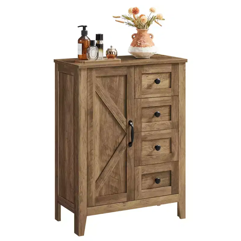Storage Cabinet, Bathroom Floor Cabinet, 4 Drawers, Freestanding Storage Organizer, Barn Door, Adjustable Shelf