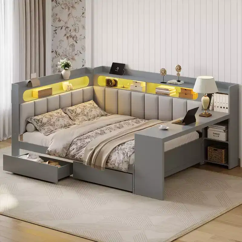 Full Size Daybed with Storage Shelves, Drawers, Charging Station, LED Light, Desk and Upholstered Headboard