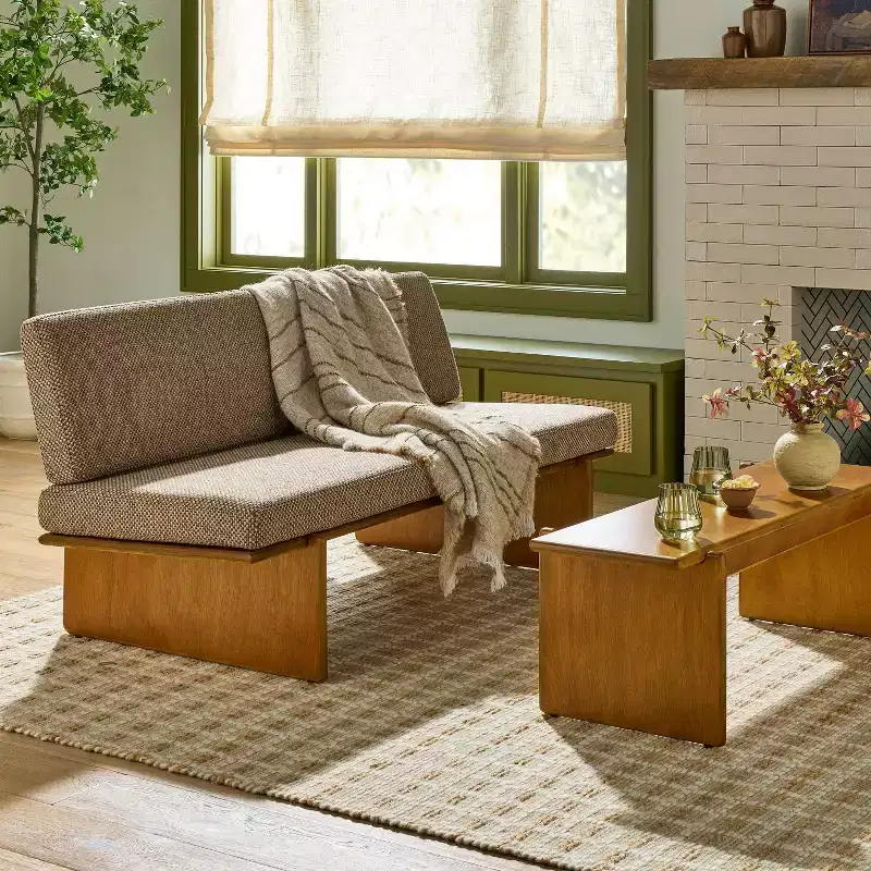 Mushroom Weave Upholstered Mid-Century Bench with Back - Hearth & Hand™ with Magnolia