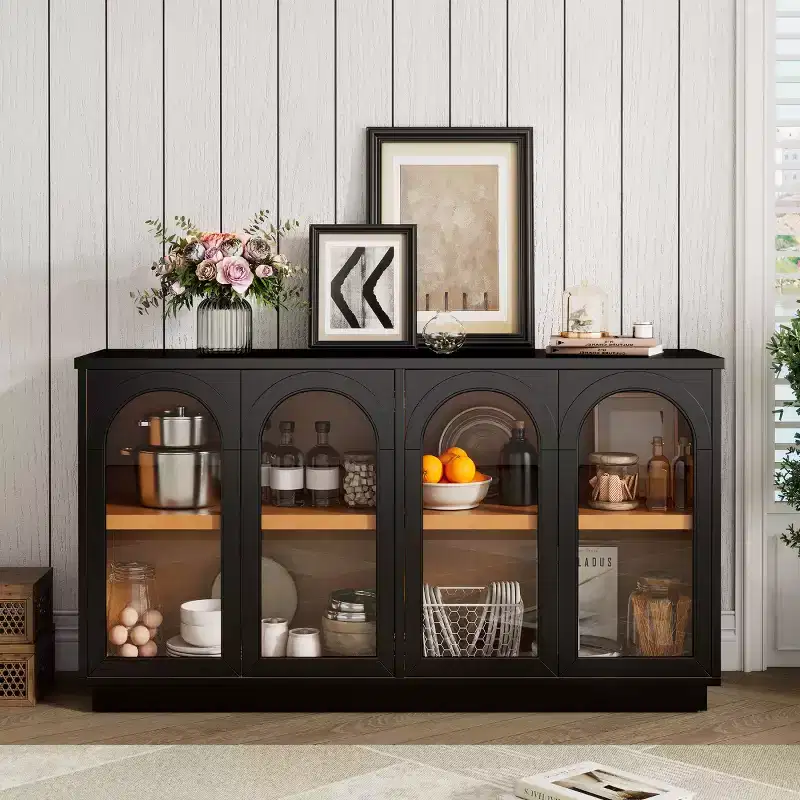 Modern Arched Glass Door Sideboard Buffet Cabinet, Black with Gold Accents, Adjustable Shelves, Push-to-Open
