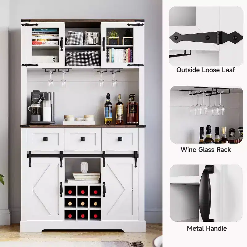 Farmhouse Coffee Bar Cabinet, 72 Tall Kitchen Hutch with 2 Sliding Barn Doors, 3 Drawers, Wine & Glass Rack, Pantry Storage Cabinets for Dining Room