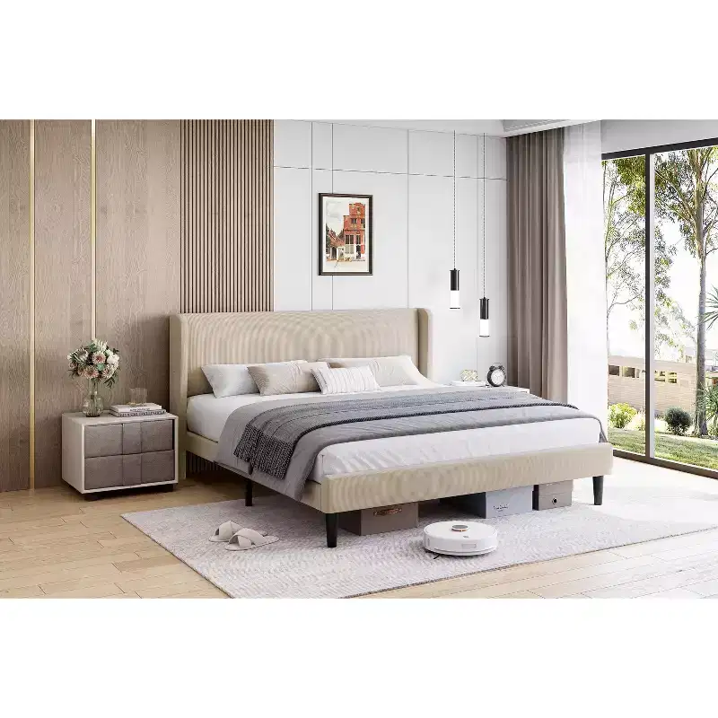 Upholstered King Platform Bed with Wingback Headboard & 2 Storage Pockets for 1