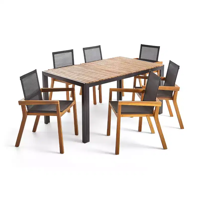 Christopher Knight Home Lemyra Outdoor Mesh and Acacia Wood 7 Piece Dining Set, Teak/Black